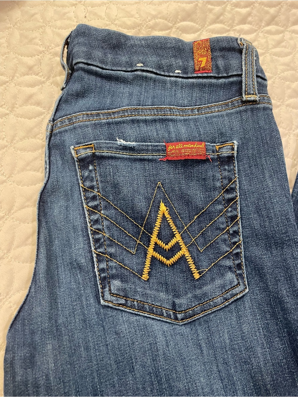 7 For All Mankind “A” Pocket Bootcut Blue Denim Jeans with Yellow Embroidery 28
